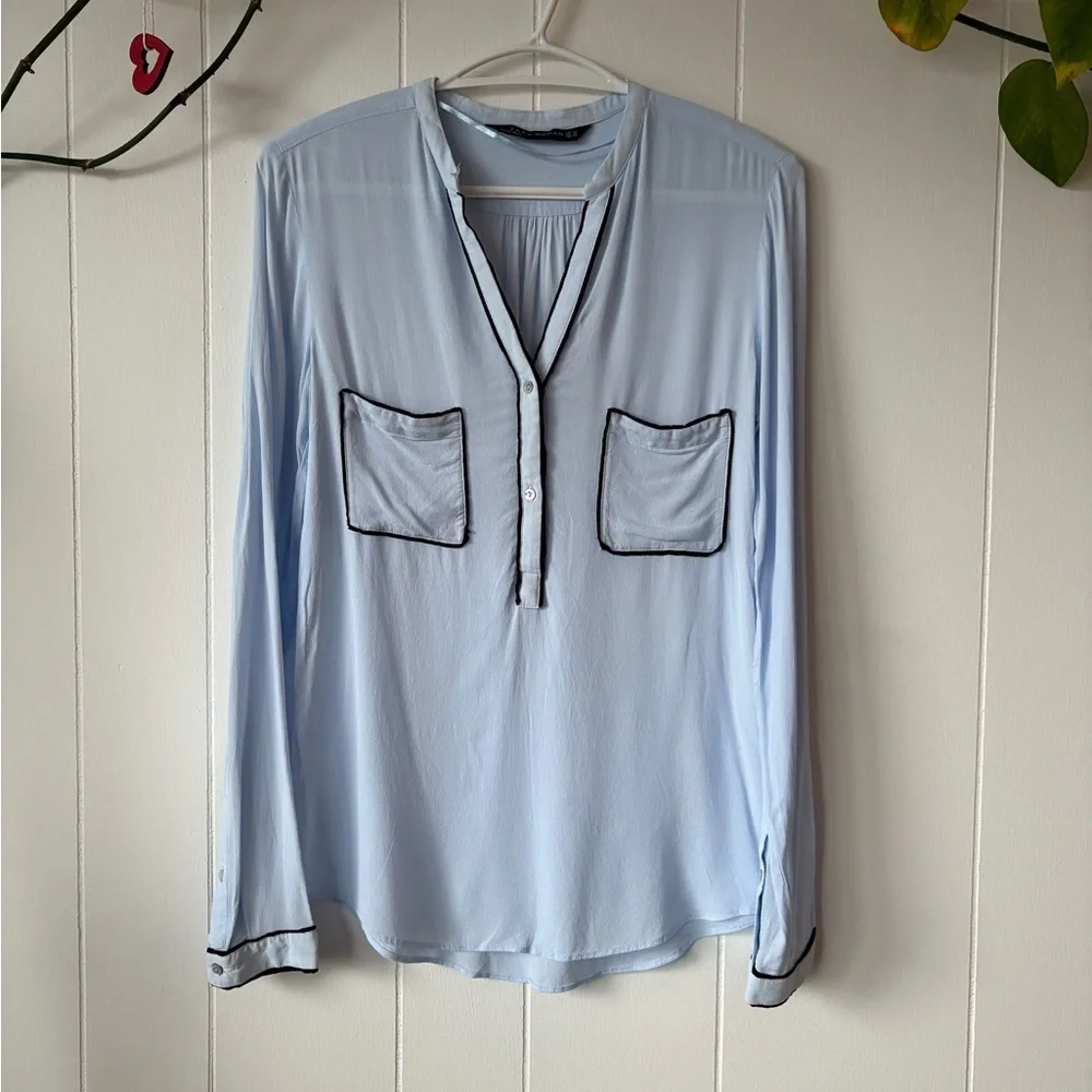Zara Light Blue Mandarin Collar Blouse | Size XS - Picture 2 of 5
